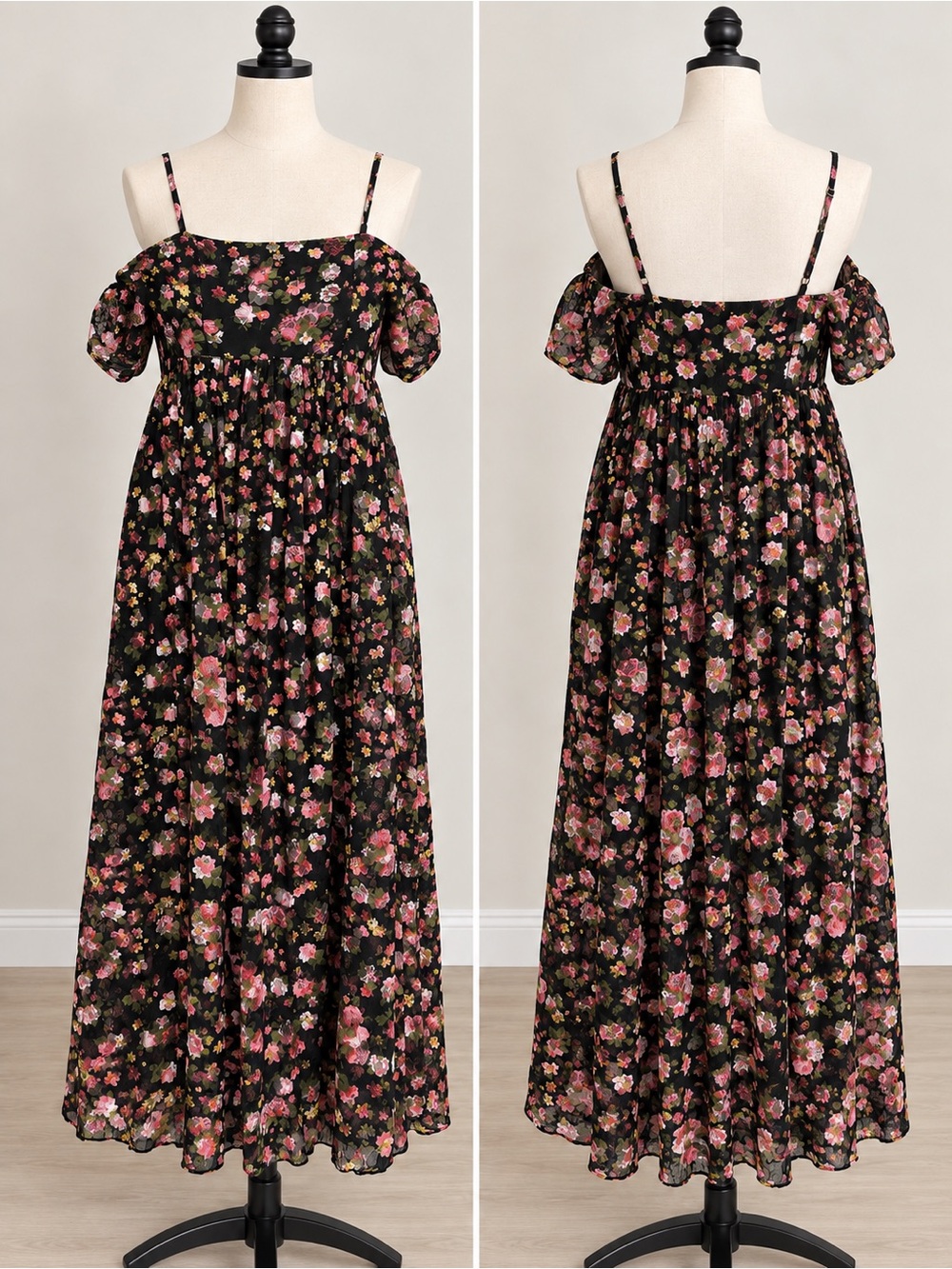 Kimchi Blue Black Floral Maxi Dress with Pink & Green Prints